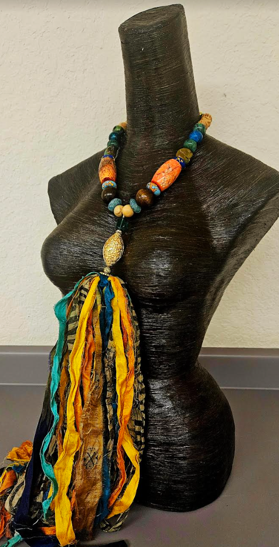 Mixed Beaded Necklace With Distressed Sari Silk Ribbon Pendant, Bold & Chunky Bohemian Artisan Chest Piece