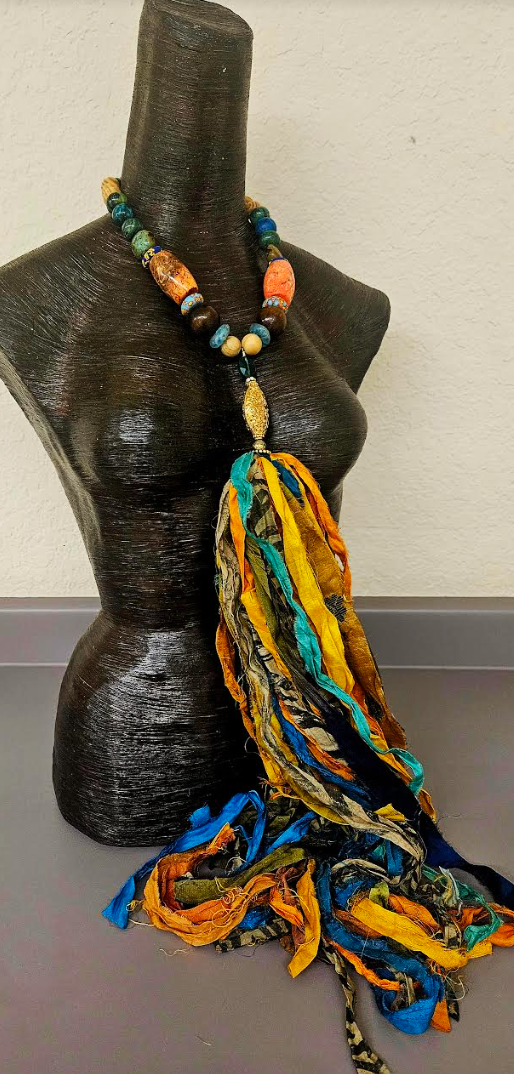 Mixed Beaded Necklace With Distressed Sari Silk Ribbon Pendant, Bold & Chunky Bohemian Artisan Chest Piece