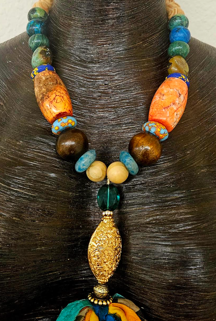 Mixed Beaded Necklace With Distressed Sari Silk Ribbon Pendant, Bold & Chunky Bohemian Artisan Chest Piece