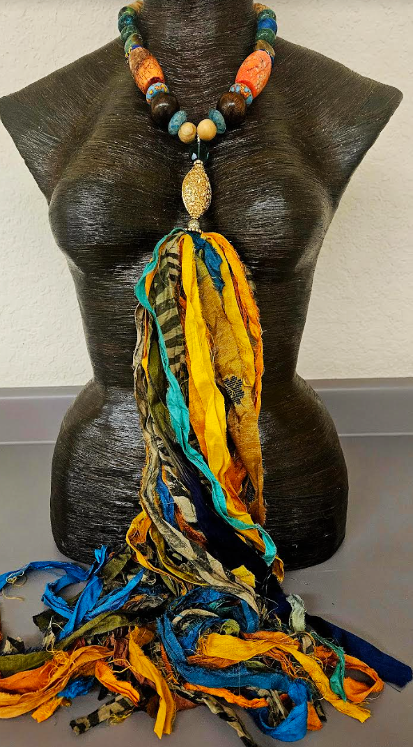 Mixed Beaded Necklace With Distressed Sari Silk Ribbon Pendant, Bold & Chunky Bohemian Artisan Chest Piece