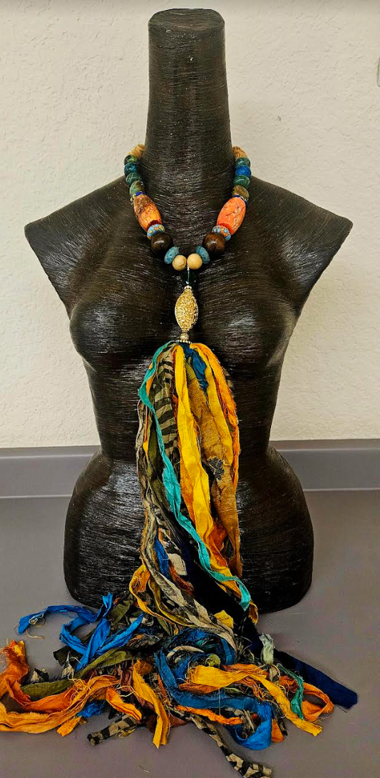 Mixed Beaded Necklace With Distressed Sari Silk Ribbon Pendant, Bold & Chunky Bohemian Artisan Chest Piece