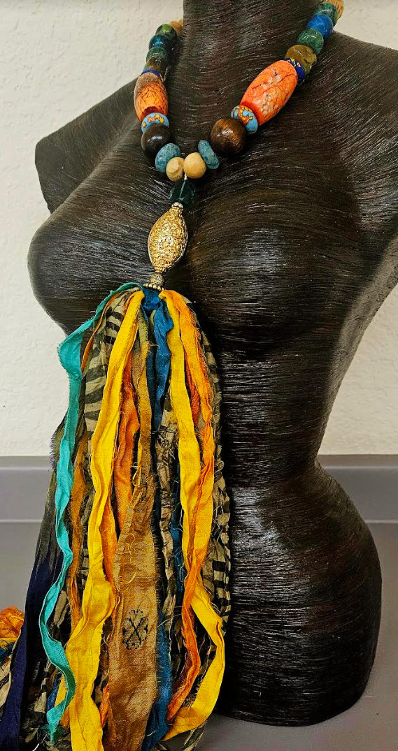 Mixed Beaded Necklace With Distressed Sari Silk Ribbon Pendant, Bold & Chunky Bohemian Artisan Chest Piece