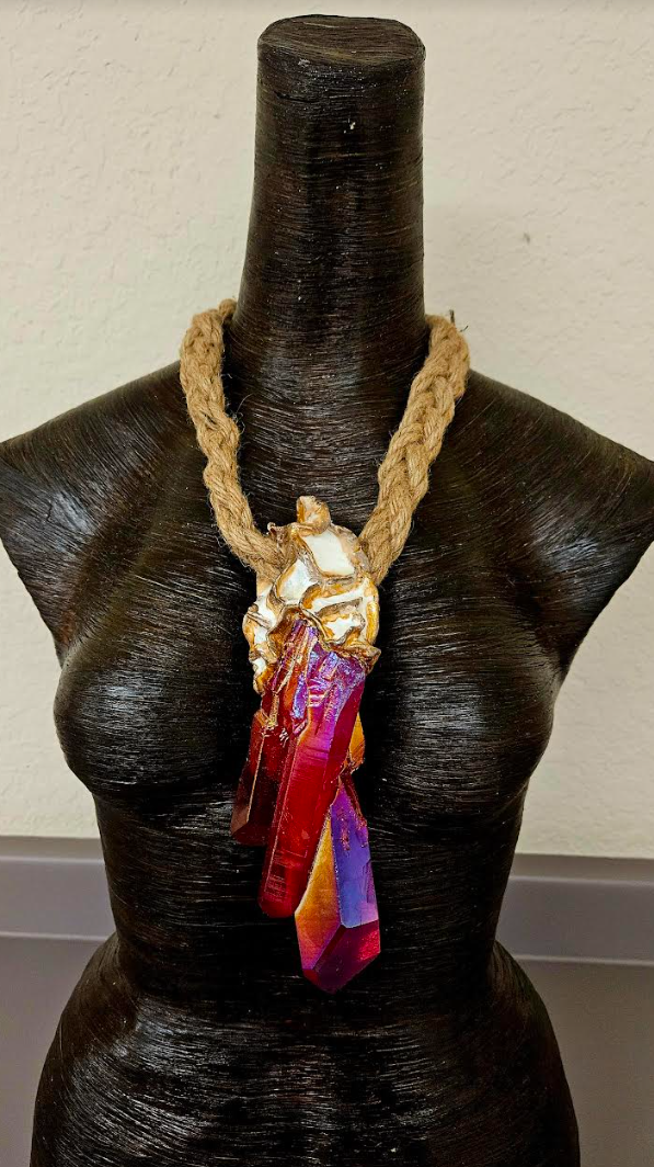 Red Aura Quartz Sculpted Unisex Pendant With Braided Hemp Rope, Rough Crystal Talisman Chest Piece, Wearable Art Jewelry from Kat Kouture