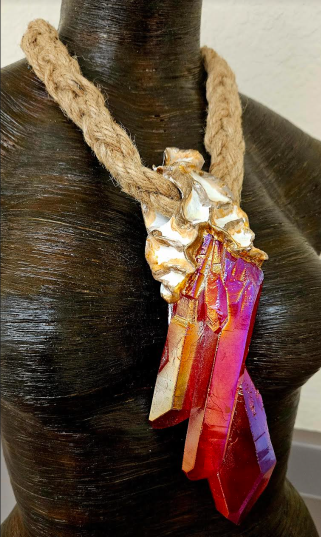 Red Aura Quartz Sculpted Unisex Pendant With Braided Hemp Rope, Rough Crystal Talisman Chest Piece, Wearable Art Jewelry from Kat Kouture