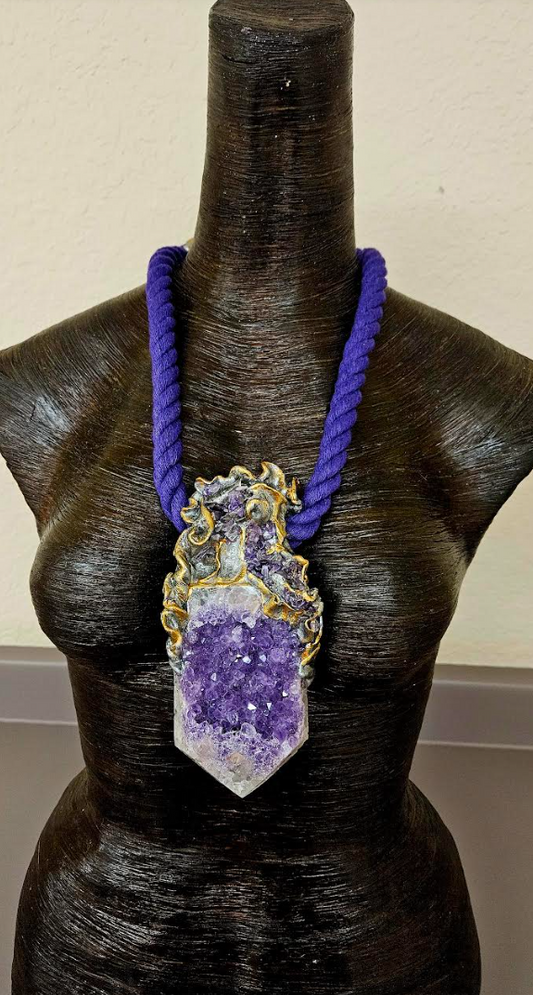 Rough Amethyst Luxury Baroque Sculpted Rope Pendant, Purple Crystal Unisex Amulet, Showstopper Gemstone Talisman, Rocker Chic Jewelry