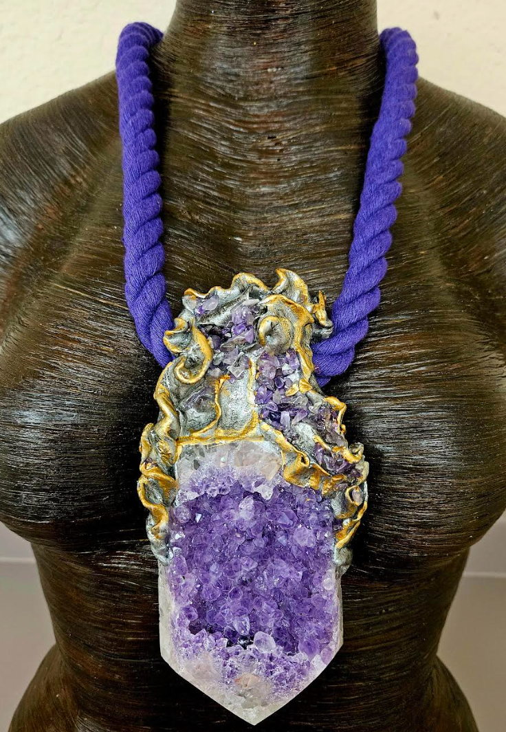 Rough Amethyst Luxury Baroque Sculpted Rope Pendant, Purple Crystal Unisex Amulet, Showstopper Gemstone Talisman, Rocker Chic Jewelry
