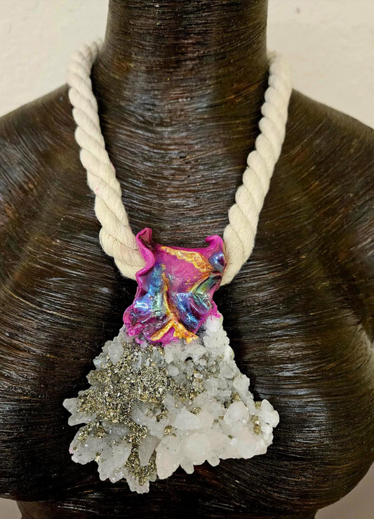 Rough Pyrite & Quartz Crystal Sculpted Pendant With Rope, Showstopper Boho Couture Talisman, Jewelry for Crystal Lovers