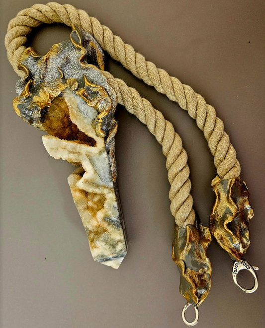 Earthy Druzy Agate Sculpted Tower Gemstone Pendant With Jute Rope