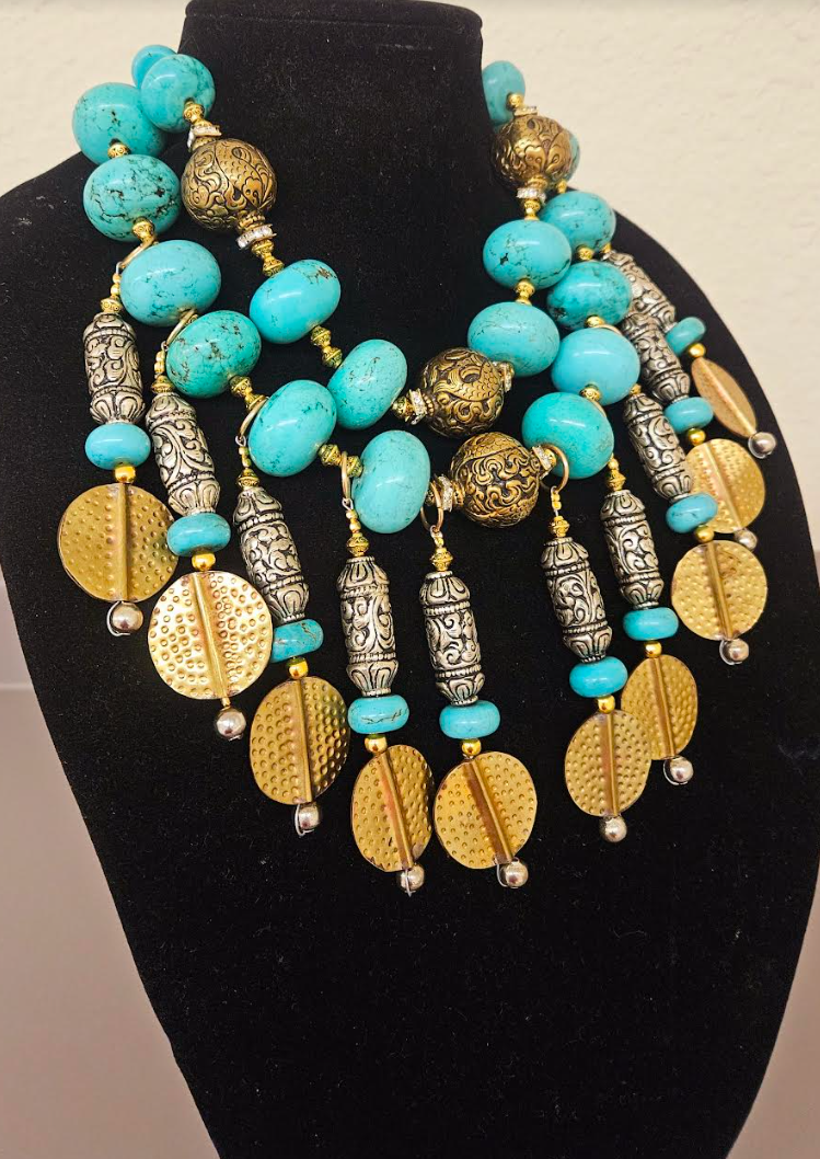 Blue Gold & Silver Beaded Waterfall Bib Necklace, Exotic Wild Tibetan Repousse Chest Piece, Provocative Glamour Jewelry from Kat Kouture
