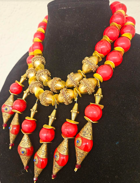 Red Magnesite & Brass Waterfall Necklace - Exotic & Sexy
