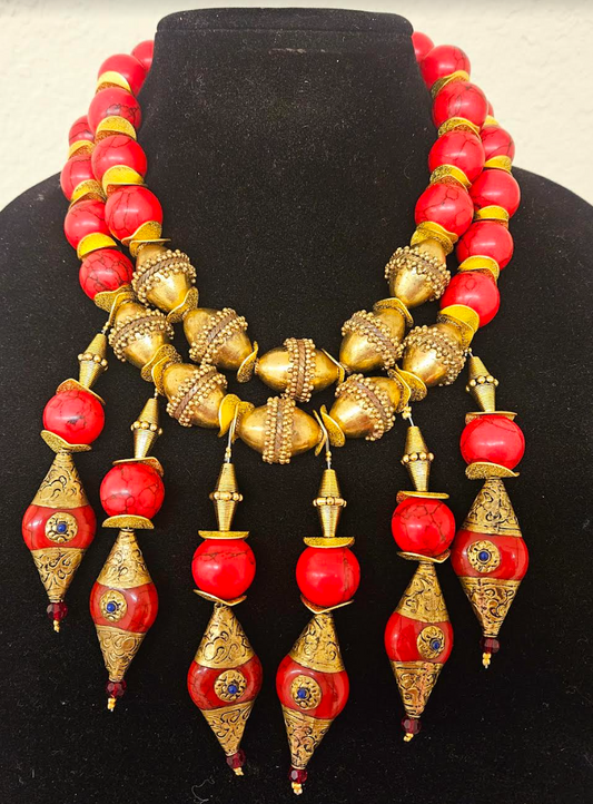 Red Magnesite & Vintage Brass Beaded Waterfall Chest Piece, Exotic Red and Gold Tibetan Tribal Fringe Statement Necklace, Rich Posh Elegant Wearable Art Jewelry Kat Kouture