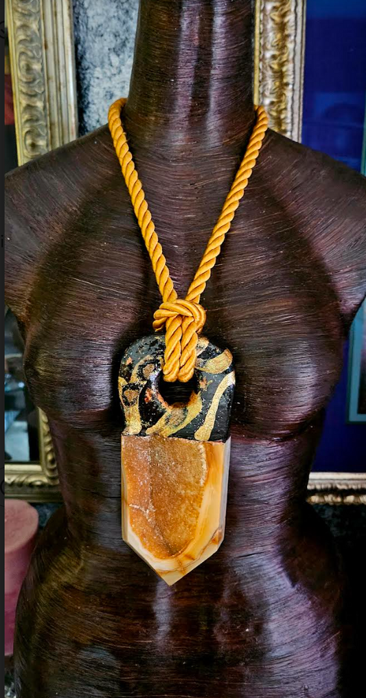 Heavily Crystallized Caramel Druzy Tower Sculpted Pendant On Silk Rope, Unisex Styled Honey Colored Talisman, Crystal Worshippers Amulet Chest Piece