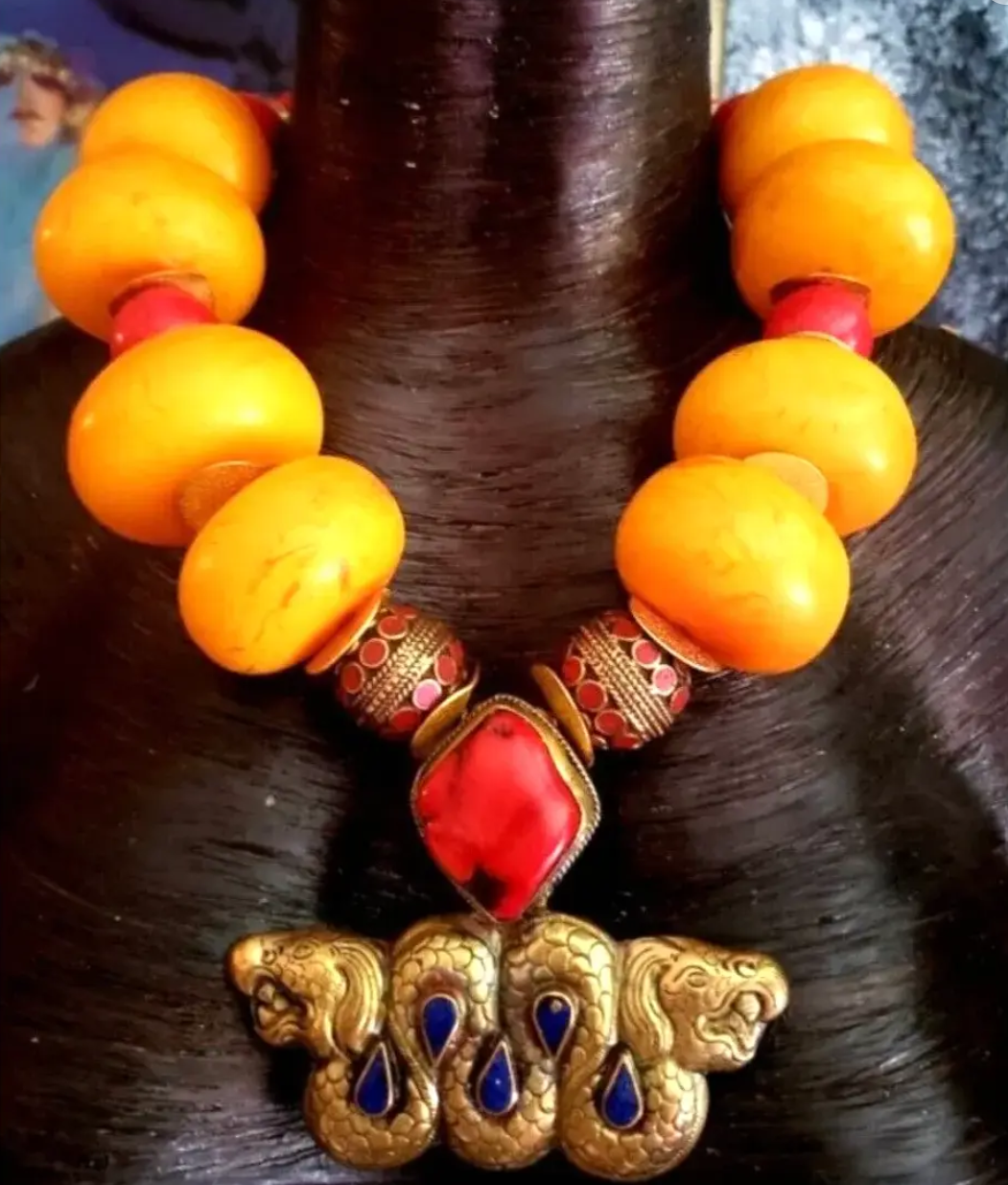 Oversized Moroccan Resin Beaded Ethnic Necklace with Tibetan Dragon Pendant, Luxury Tribal Faux Amber Neck Candy, Untamed Nomadic Beaded Neck Piece from Kat Kouture