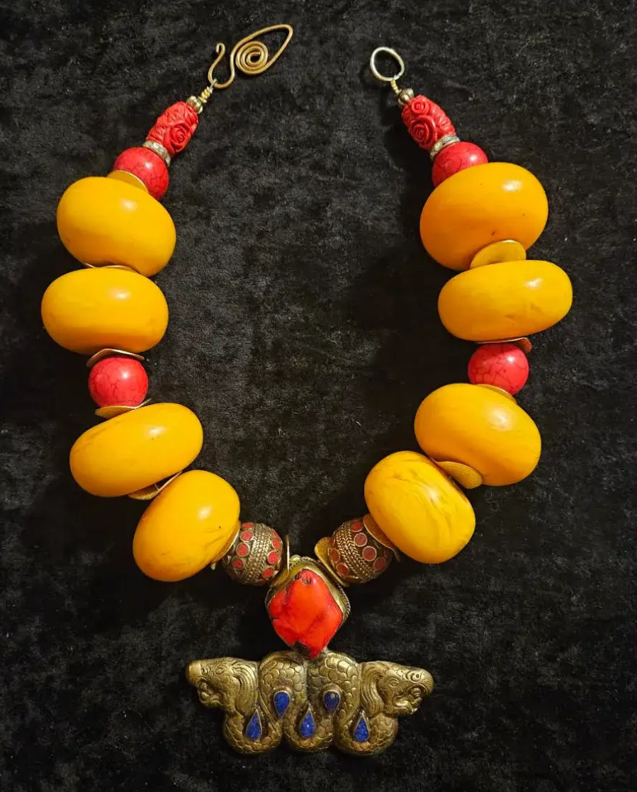 Oversized Moroccan Resin Beaded Ethnic Necklace with Tibetan Dragon Pendant, Luxury Tribal Faux Amber Neck Candy, Untamed Nomadic Beaded Neck Piece from Kat Kouture