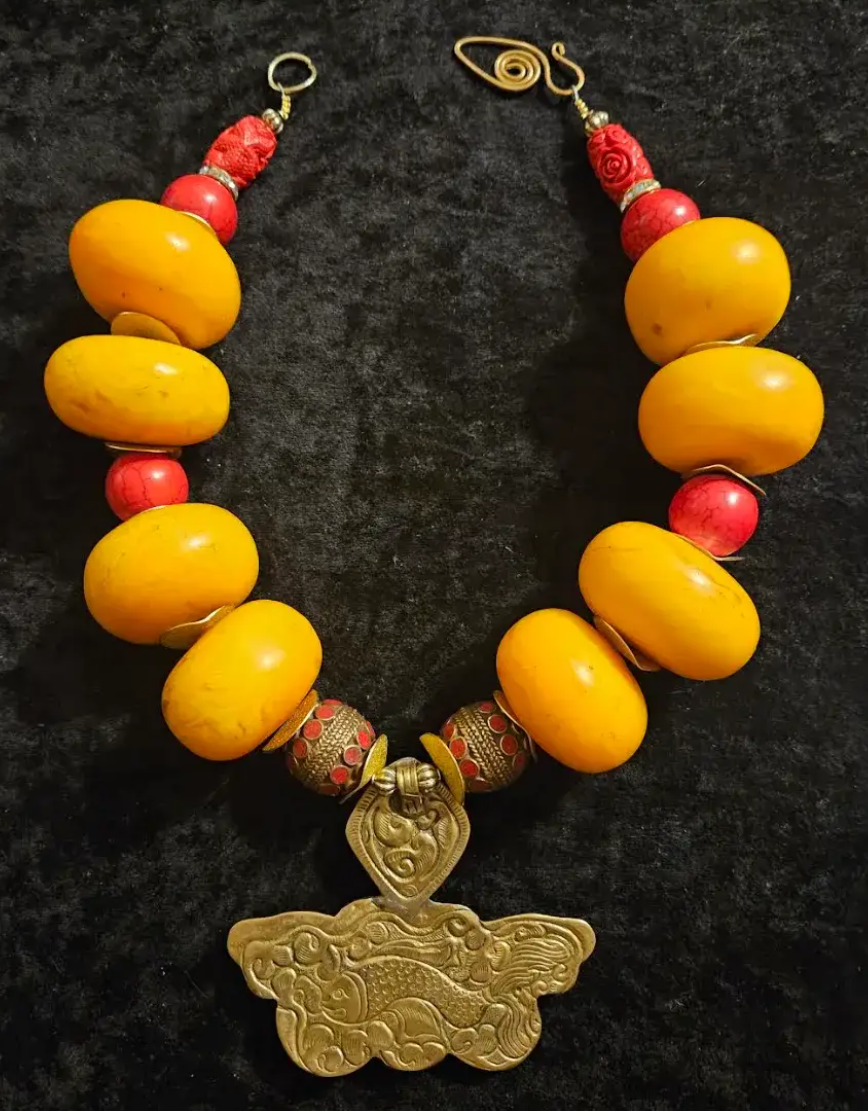 Oversized Moroccan Resin Beaded Ethnic Necklace with Tibetan Dragon Pendant, Luxury Tribal Faux Amber Neck Candy, Untamed Nomadic Beaded Neck Piece from Kat Kouture