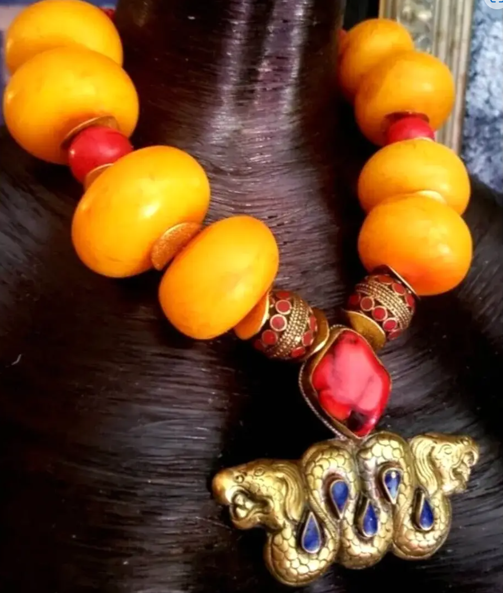 Oversized Moroccan Resin Beaded Ethnic Necklace with Tibetan Dragon Pendant, Luxury Tribal Faux Amber Neck Candy, Untamed Nomadic Beaded Neck Piece from Kat Kouture