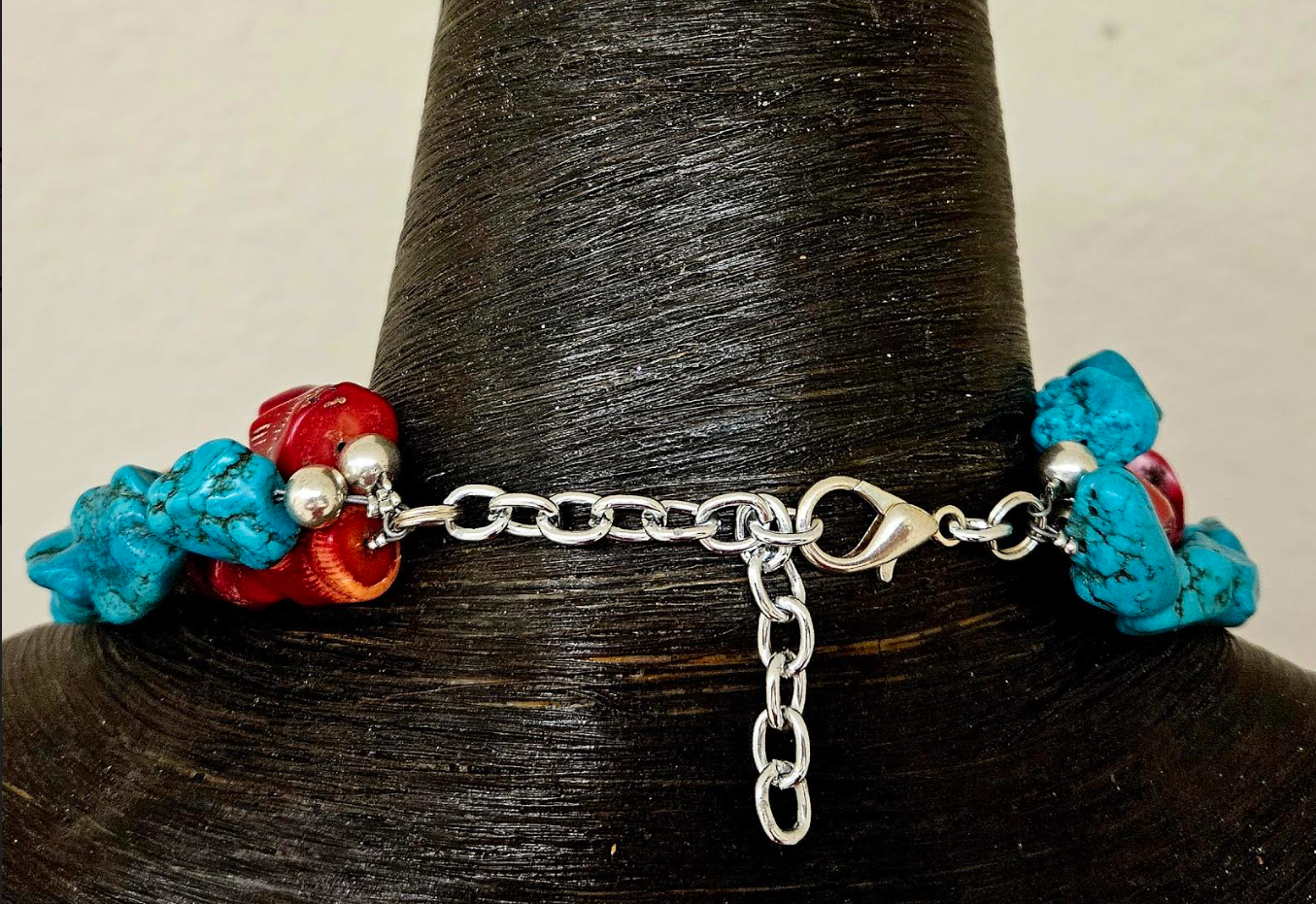 Rustic Red Branch Coral & Blue Magnesite Triple Strand Statement Necklace, Southwestern Style Neck Candy, Cowgirl Rodeo Wear Gemstone Choker