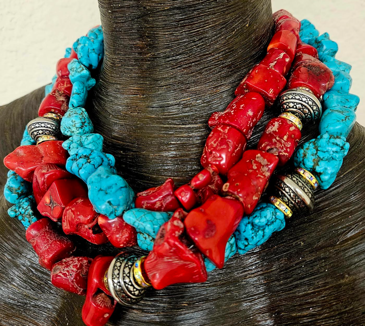 Rustic Red Branch Coral & Blue Magnesite Triple Strand Statement Necklace, Southwestern Style Neck Candy, Cowgirl Rodeo Wear Gemstone Choker