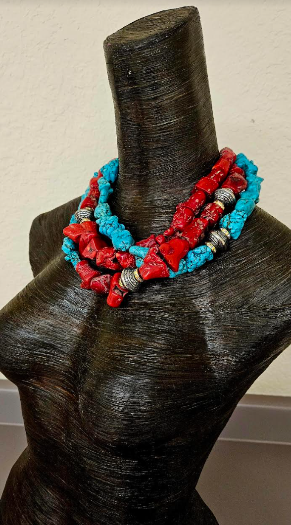 Rustic Red Branch Coral & Blue Magnesite Triple Strand Statement Necklace, Southwestern Style Neck Candy, Cowgirl Rodeo Wear Gemstone Choker