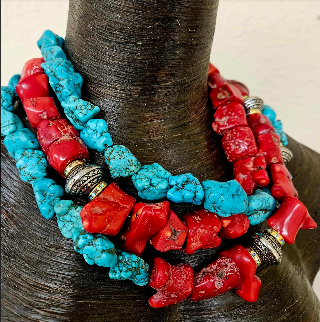 Rustic Red Branch Coral & Blue Magnesite Triple Strand Statement Necklace, Southwestern Style Neck Candy, Cowgirl Rodeo Wear Gemstone Choker