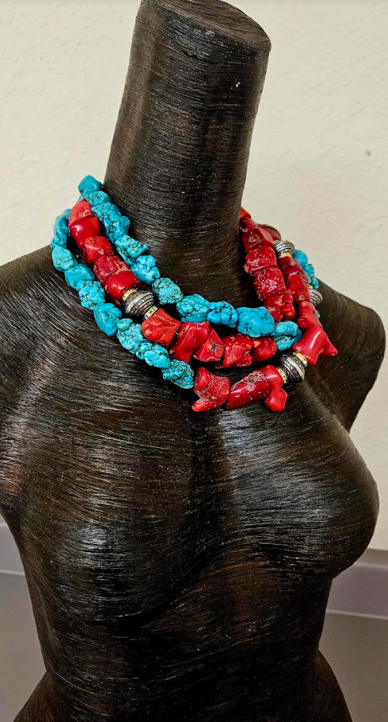 Rustic Red Branch Coral & Blue Magnesite Triple Strand Statement Necklace, Southwestern Style Neck Candy, Cowgirl Rodeo Wear Gemstone Choker