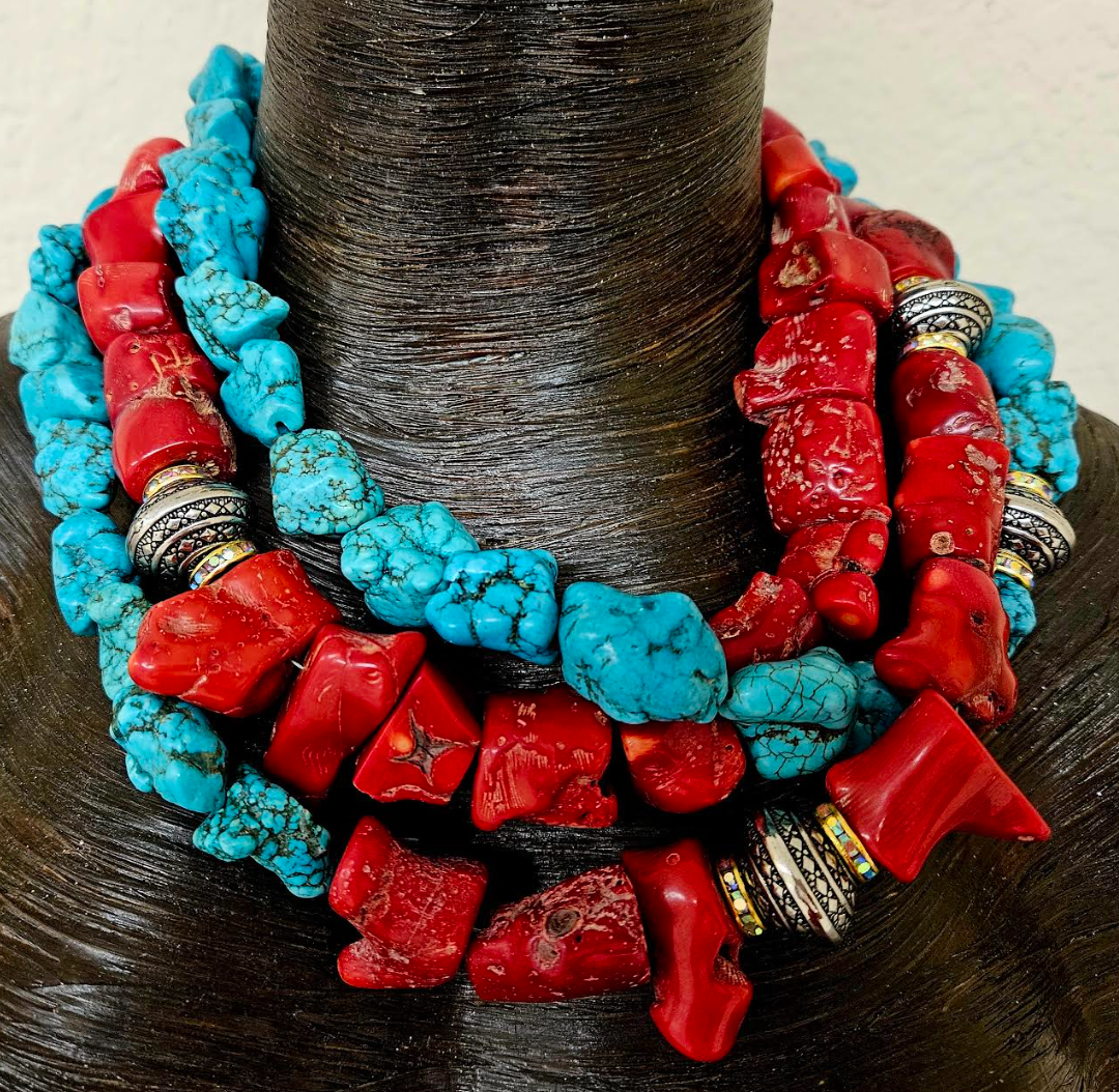 Rustic Red Branch Coral & Blue Magnesite Triple Strand Statement Necklace, Southwestern Style Neck Candy, Cowgirl Rodeo Wear Gemstone Choker