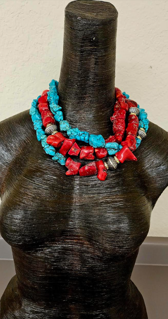 Rustic Red Branch Coral & Blue Magnesite Triple Strand Statement Necklace, Southwestern Style Neck Candy, Cowgirl Rodeo Wear Gemstone Choker