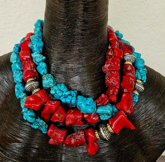 Rustic Red Branch Coral & Blue Magnesite Triple Strand Statement Necklace, Southwestern Style Neck Candy, Cowgirl Rodeo Wear Gemstone Choker