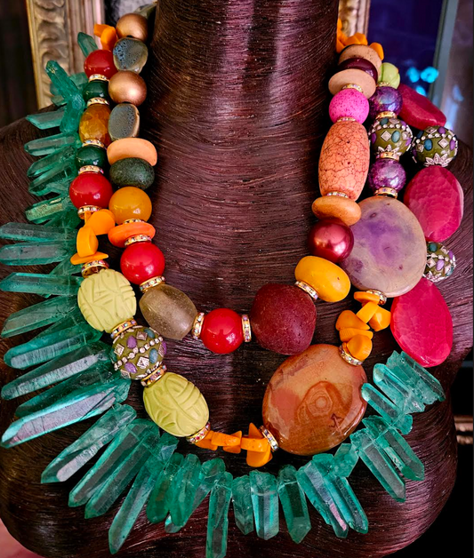 Mixed Media & Gemstone Bespoke Beaded Chest Piece, Jewelry for Tropical Vacation, Colorful Showstopper Beaded Bib for Women