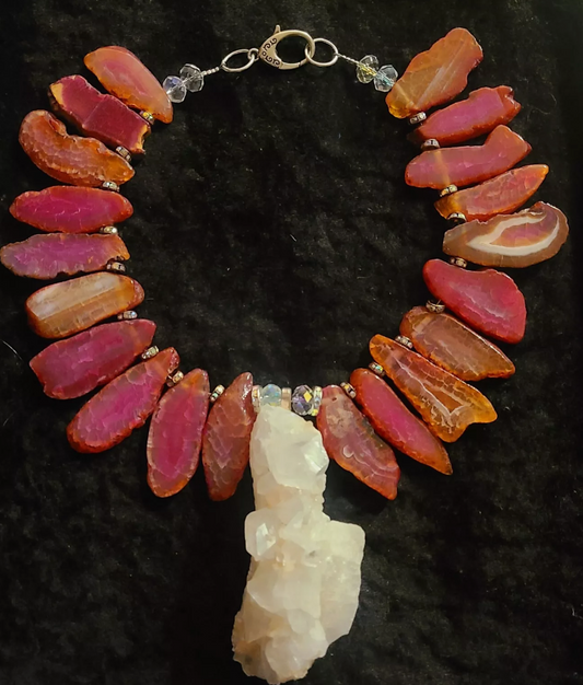 Bold Red Agate Slab Gemstone Bib Statement Collar, Gemmy White Crystal Quartz Pendant Egyptian Revival Necklace