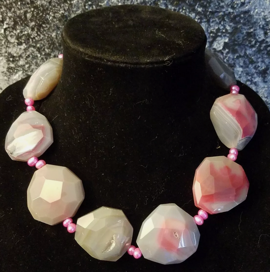 Pink Faceted Druzy Agate & Freshwater Pearl Luxury Necklace, Bridal or