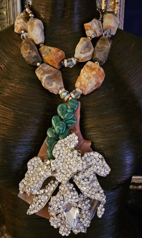 Avant Garde Rhinestone Catteleya Orchid Slab Pendant - Rough Faceted Earth Tone Agate  Beaded Necklace -  Kat Kouture OOAK Wearable Art -  Jewelry for Artists and Designers