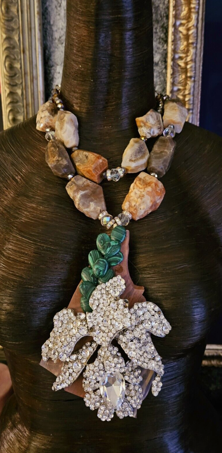 Avant Garde Rhinestone Catteleya Orchid Slab Pendant - Rough Faceted Earth Tone Agate  Beaded Necklace -  Kat Kouture OOAK Wearable Art -  Jewelry for Artists and Designers