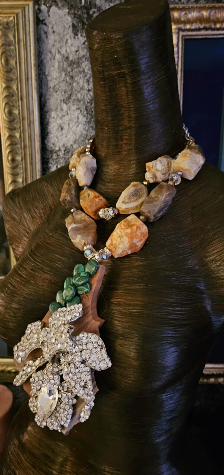 Avant Garde Rhinestone Catteleya Orchid Slab Pendant - Rough Faceted Earth Tone Agate  Beaded Necklace -  Kat Kouture OOAK Wearable Art -  Jewelry for Artists and Designers