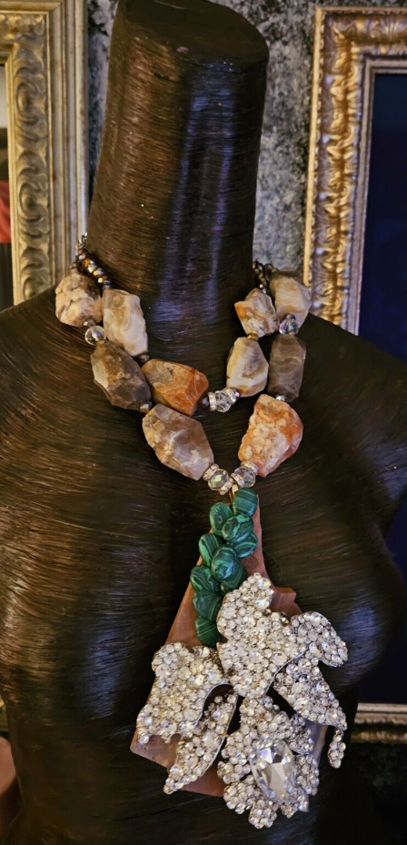 Avant Garde Rhinestone Catteleya Orchid Slab Pendant - Rough Faceted Earth Tone Agate  Beaded Necklace -  Kat Kouture OOAK Wearable Art -  Jewelry for Artists and Designers