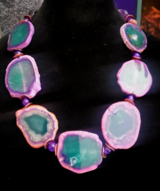 Purple & Green Polished Agate Slice Statement Necklace, Professional Business Neck Candy Attire