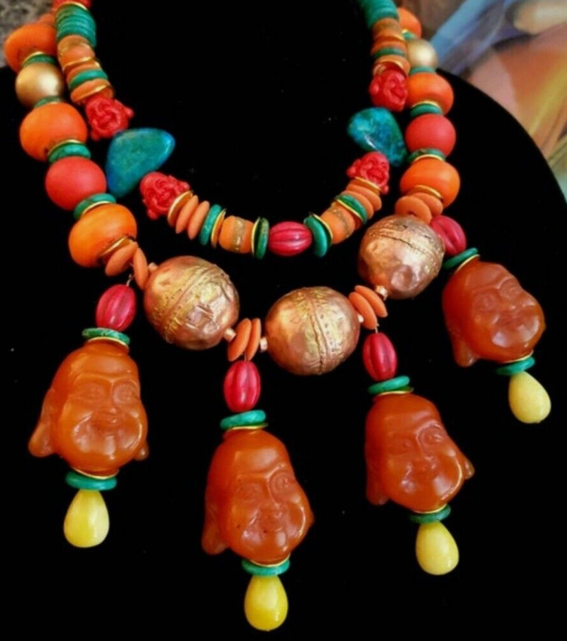 Buddha Tribal Colorful Statement Necklace, Mixed Media Ethnic Beaded Statement Necklace