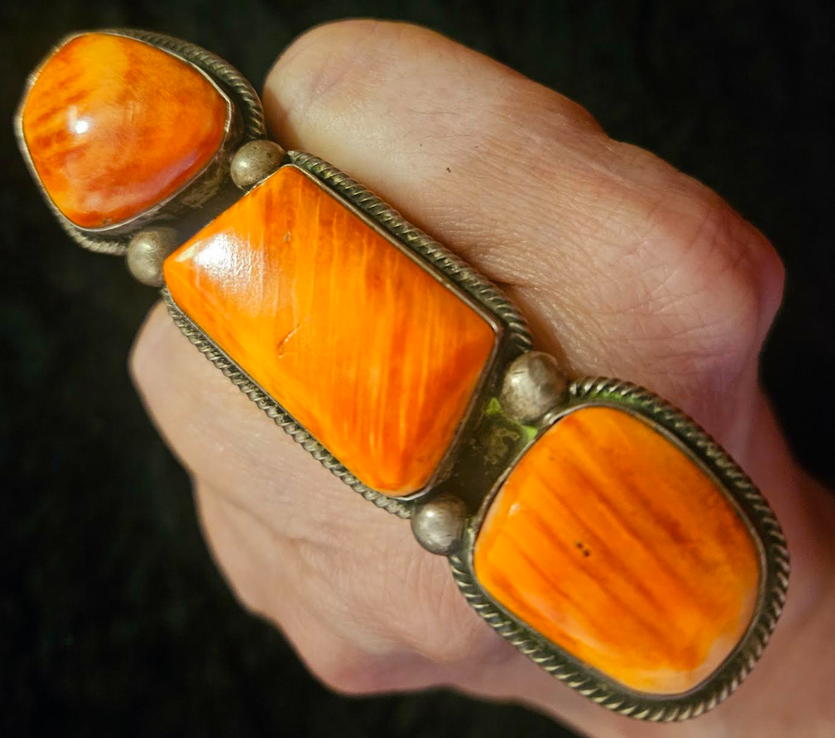 Orange Spiny Oyster Three Stone Navajo Statement Ring, Native American Gemstone and Sterling Hand Ring, Oversized Showstopper Southern Finger Candy