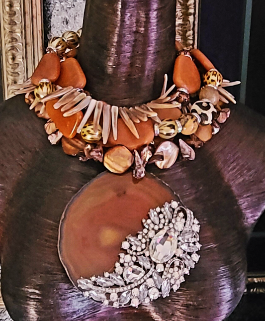 Caramel Agate & Bling Ornate Statement Necklace Pendant