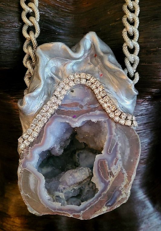 Chalcedony Geode Sculpted Statement Pendant, Artisan Unisex Gemstone Rhinestone Silver Amulet, Big Tall Men Rocker Chic Talisman, Lagenlook Artisan Chest Piece