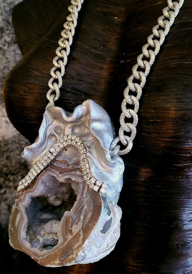 Chalcedony Geode Sculpted Statement Pendant, Artisan Unisex Gemstone Rhinestone Silver Amulet, Big Tall Men Rocker Chic Talisman, Lagenlook Artisan Chest Piece