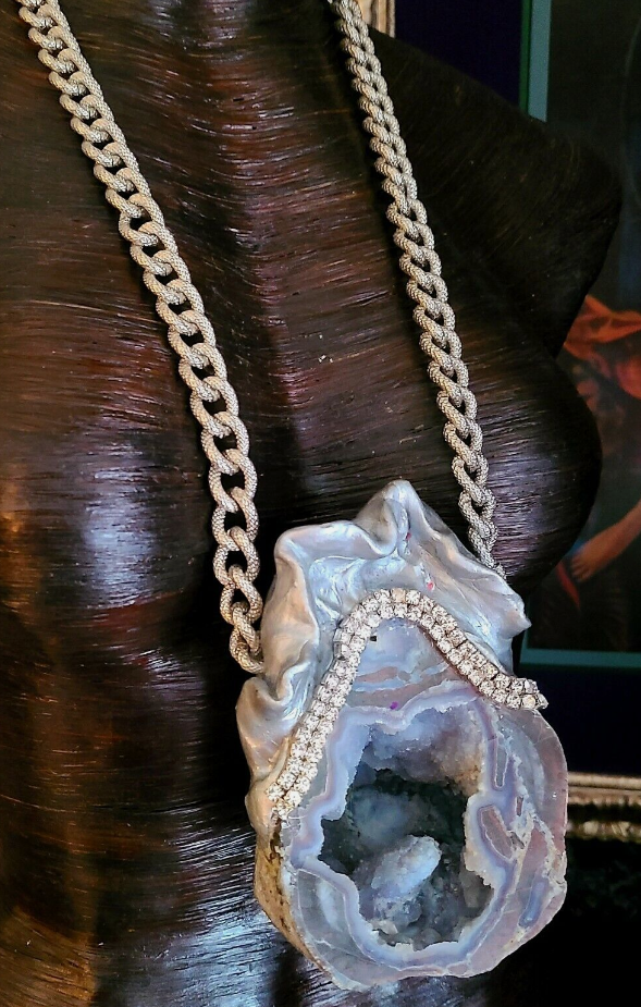 Chalcedony Geode Sculpted Statement Pendant, Artisan Unisex Gemstone Rhinestone Silver Amulet, Big Tall Men Rocker Chic Talisman, Lagenlook Artisan Chest Piece