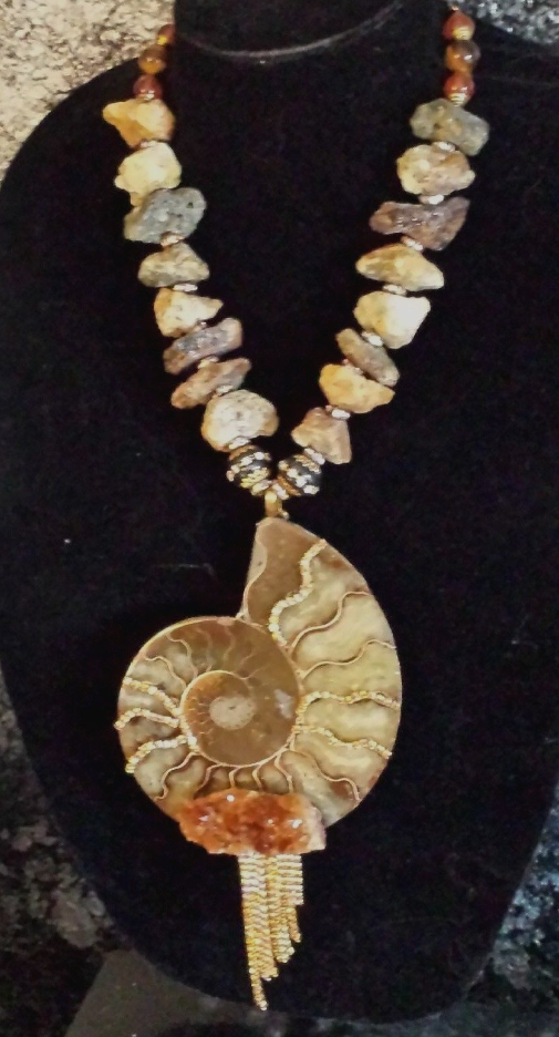 Ammonite Citrine Statement Pendant - Earthy Rough Demantoid Garnet Necklace -  Prehistoric Fossil and Gemstone Talisman - Kat Kouture Jewelry