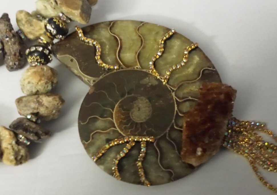 Ammonite Citrine Statement Pendant - Earthy Rough Demantoid Garnet Necklace -  Prehistoric Fossil and Gemstone Talisman - Kat Kouture Jewelry