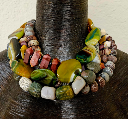 Polished and Faceted Jasper & Agate Multi Strand Socialite Statement Necklace, Bold Chunky Heavy Four Strand Gemstone Choker, Anna Wintour Styled Necklace