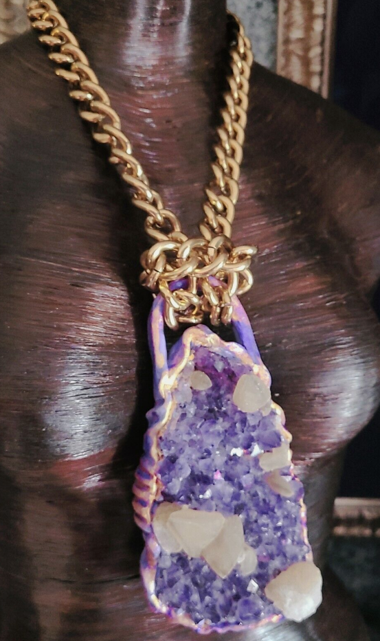 Rough Amethyst & Calcite Sculpted Gemstone Amulet with Bold Chain, Purple and White Crystal Pagan Talisman, Men's Photoshoot Accessory