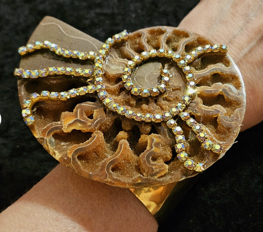 Druzy Ammonite Statement Cuff, Prehistoric Fossil Oversized Unisex Bangle, Earthy Tone Bracelet