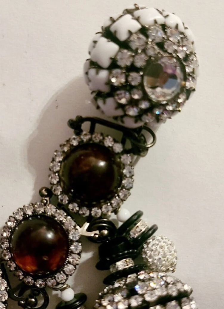 Vintage Larry VRBA Art Deco Charm Bracelet, Gatsy Styled Ornate Rhinestone Bracelet, Haute Couture Wrist Candy, Bling Bling Bracelet, Black White Silver & Caramel Colored Gaudy Charm Bracelet