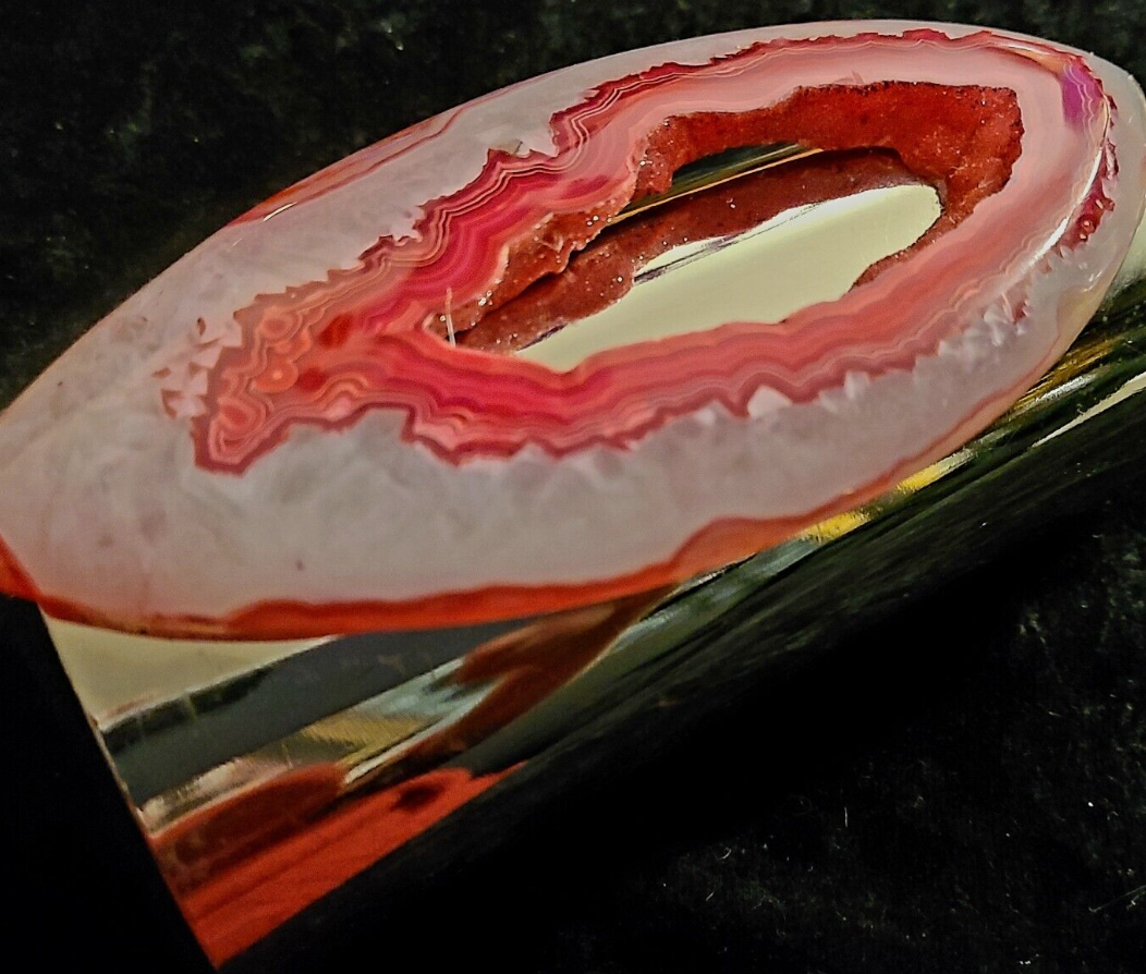 Red & White Druzy Agate Wide Silvertone Statement Cuff, Runway Ready Wrist Candy, Oversized Gemstone Crystal Bangle