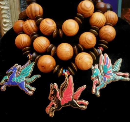 Tibetan Repousse Pegasus Oversized Beaded Statement Necklace, Earth Tone Wood Beaded Bohemian Couture Choker
